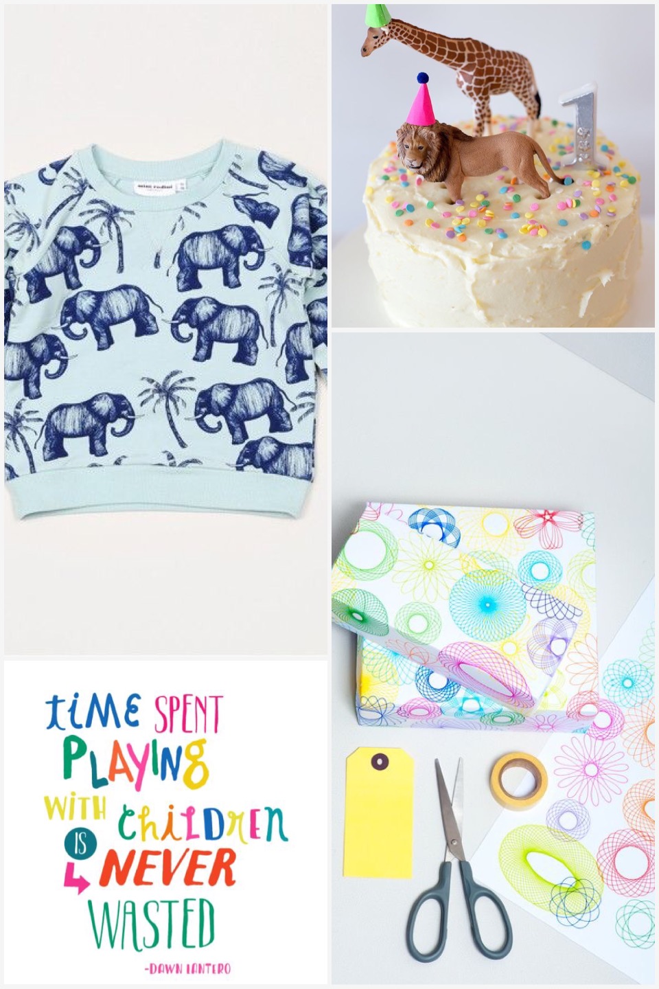 Fab Friday - Birthday inspired. Elephant 🐘 jersey, animal cake, spirograph wrapping, playing with children isn't a waste of time ever quote